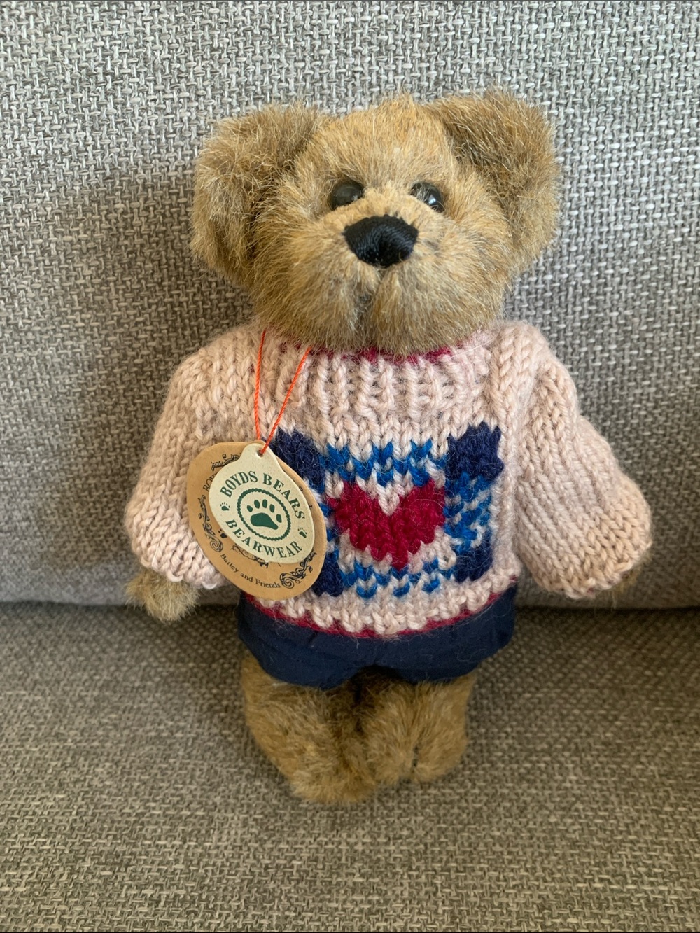 Boyds Bears Bailey Brown Bear with Knit  Heart Sweater and Jumpsuit with Tags